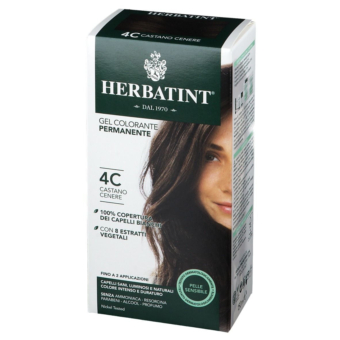 HERBATINT® Haarfarbe Aschbraun 4C. Verpackung mit Produktabbildung und Text. Grün-weiße Farbgebung.