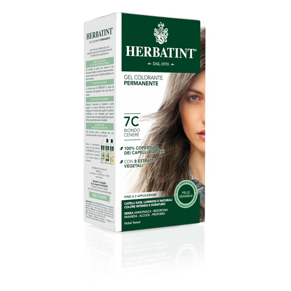 HERBATINT® 7C Biondo Cenere. Confezione con immagine del prodotto e modella. Scritte: Gel colorante permanente, 100% copertura.