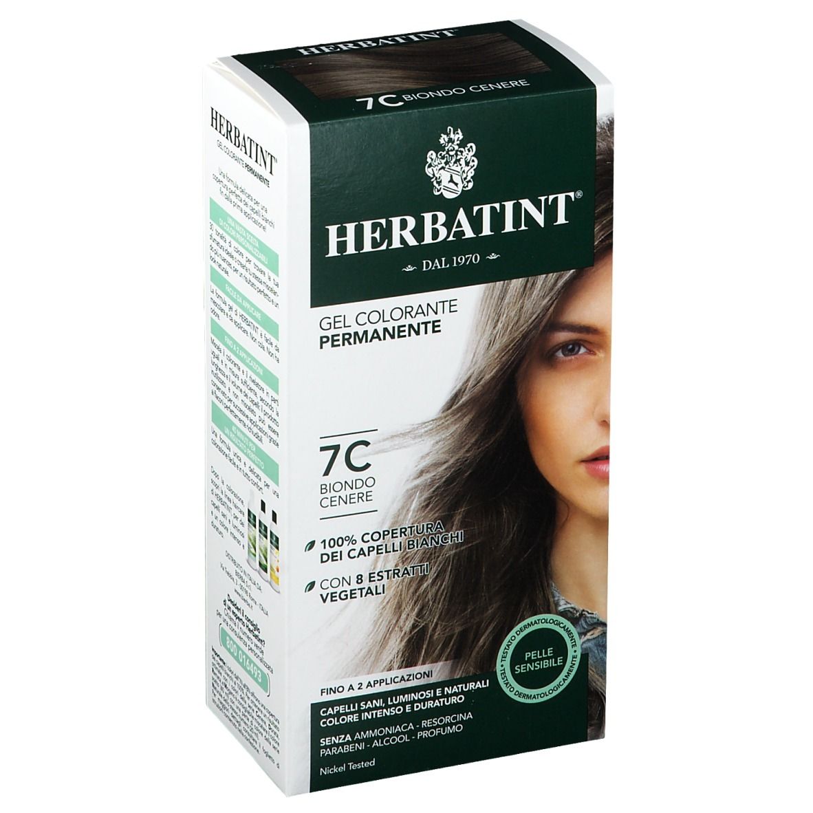 HERBATINT® 7C Biondo Cenere. Confezione con immagine del prodotto e modella. Scritte: Gel colorante permanente, 100% copertura.