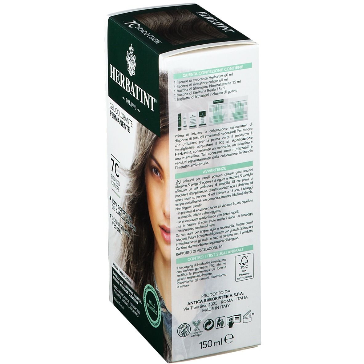 Confezione di colorazione HERBATINT®. Retro con informazioni e ingredienti. Volume 150 ml.