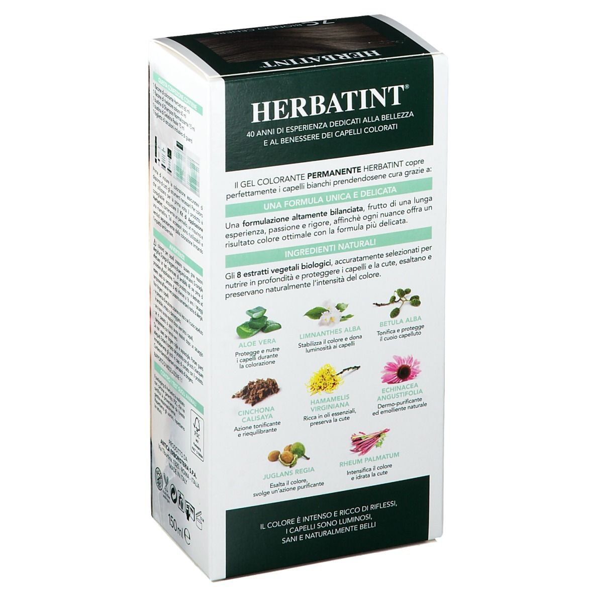 Confezione di colorazione HERBATINT®. Retro con informazioni e ingredienti. Illustrazioni di erbe.