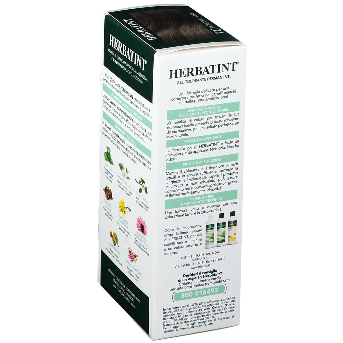 Confezione di colorazione HERBATINT®. Retro con informazioni e ingredienti. Illustrazioni di erbe.