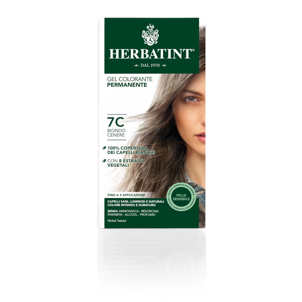 HERBATINT® 7C Biondo Cenere. Confezione con immagine del prodotto e modella. Scritte: Gel colorante permanente, 100% copertura.