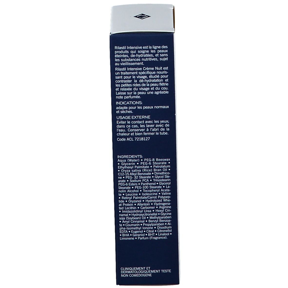 Dos de la boîte. Texte : ingrédients, utilisation, informations du fabricant. Testé cliniquement et dermatologiquement.