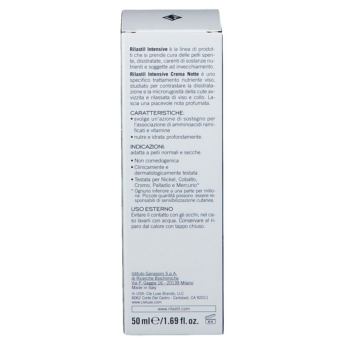 Dos de la boîte. Texte : caractéristiques, utilisation, informations du fabricant. Testé cliniquement et dermatologiquement.
