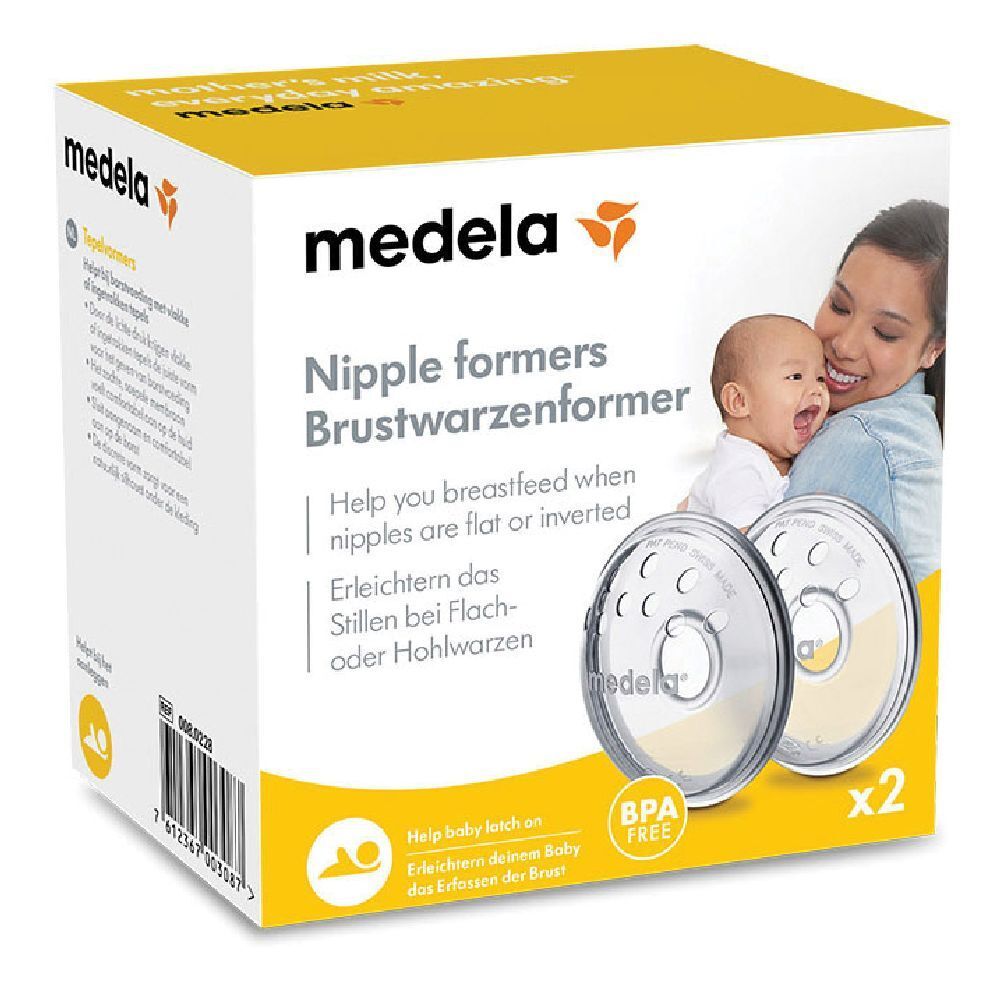 Confezione Medela con due modellatori capezzolo. Scritto: Nipple formers, Brustwarzenformer. Senza BPA.