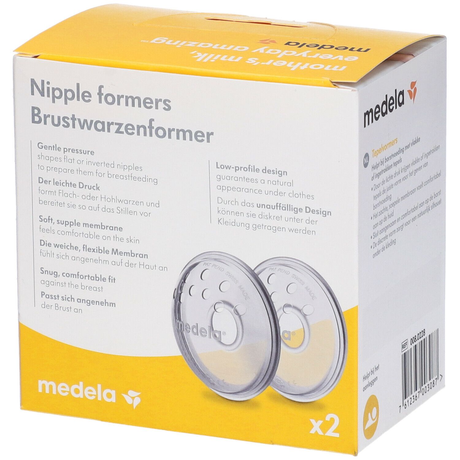 Confezione Medela con due modellatori capezzolo. Scritto: Nipple formers, Brustwarzenformer. Senza BPA.