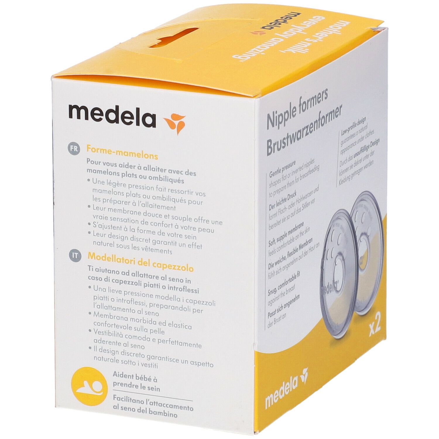 Confezione Medela con due modellatori capezzolo. Scritto: Nipple formers, Brustwarzenformer. Senza BPA.
