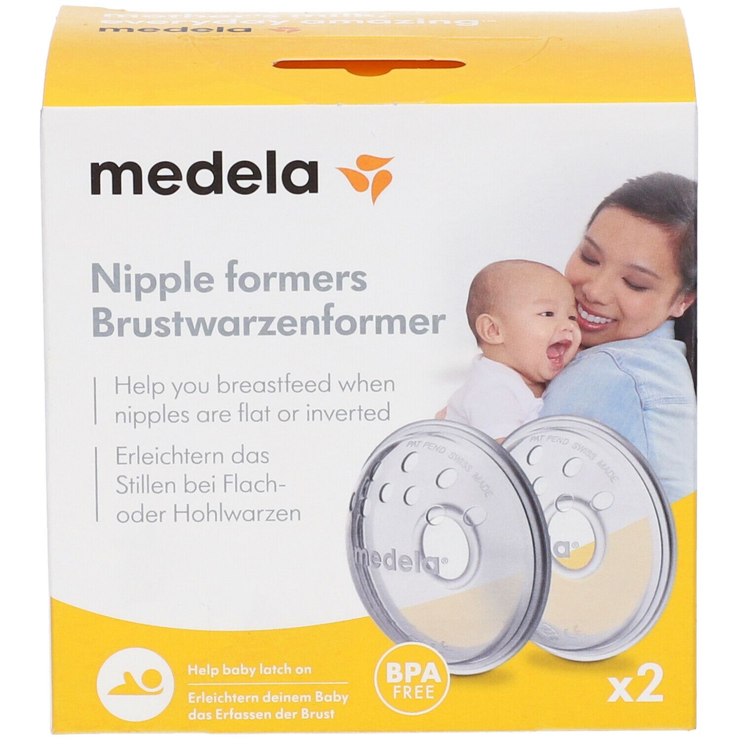 Confezione Medela con due modellatori capezzolo. Scritto: Nipple formers, Brustwarzenformer. Senza BPA.
