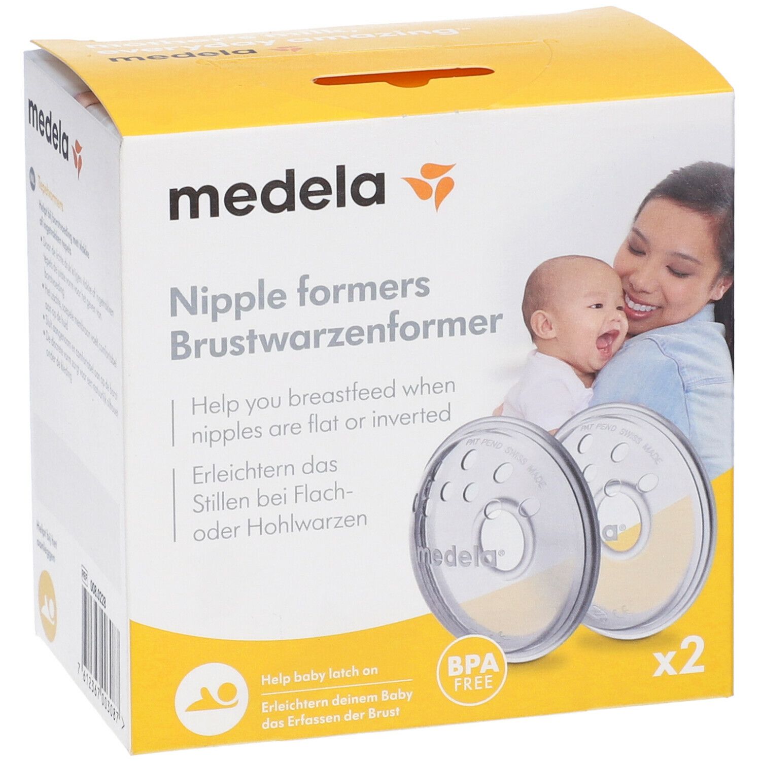 Confezione Medela con due modellatori capezzolo. Scritto: Nipple formers, Brustwarzenformer. Senza BPA.