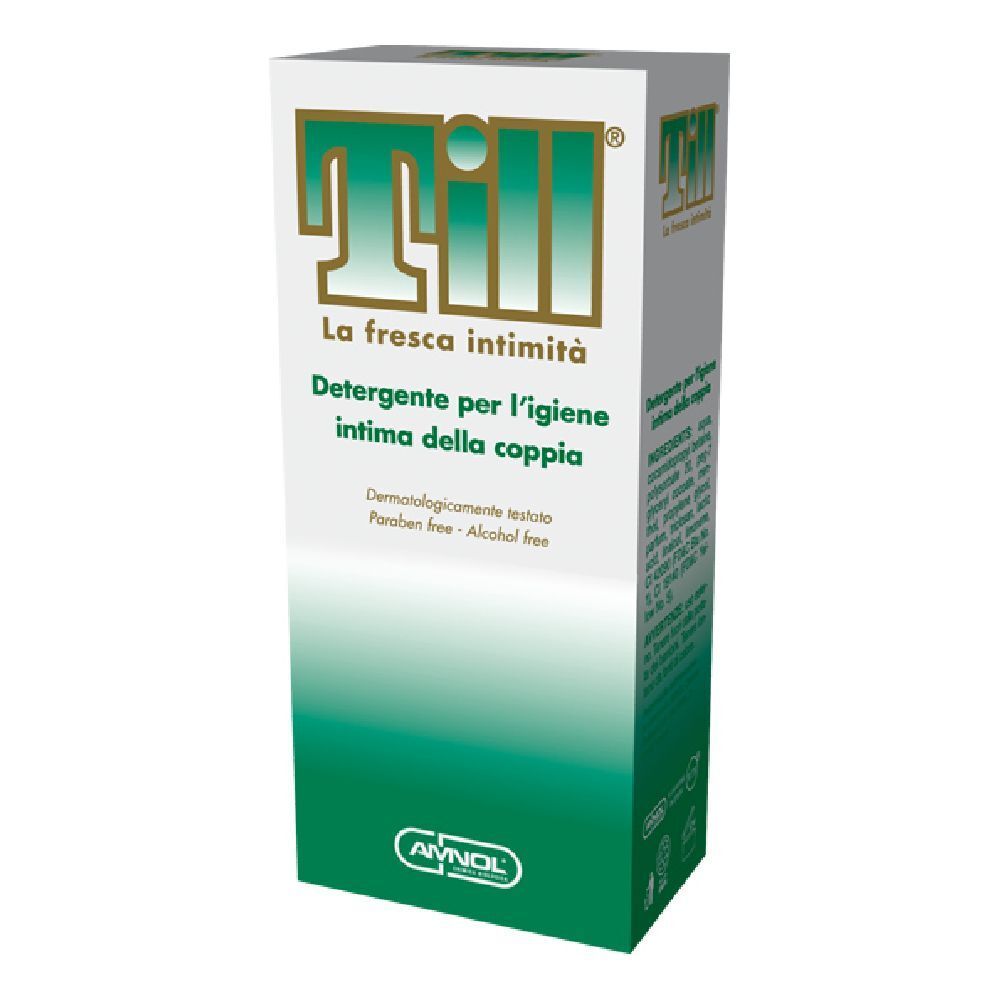 Scatola bianca con logo verde e oro. Testo: Till, La fresca intimità, Detergente per l'igiene intima della coppia.