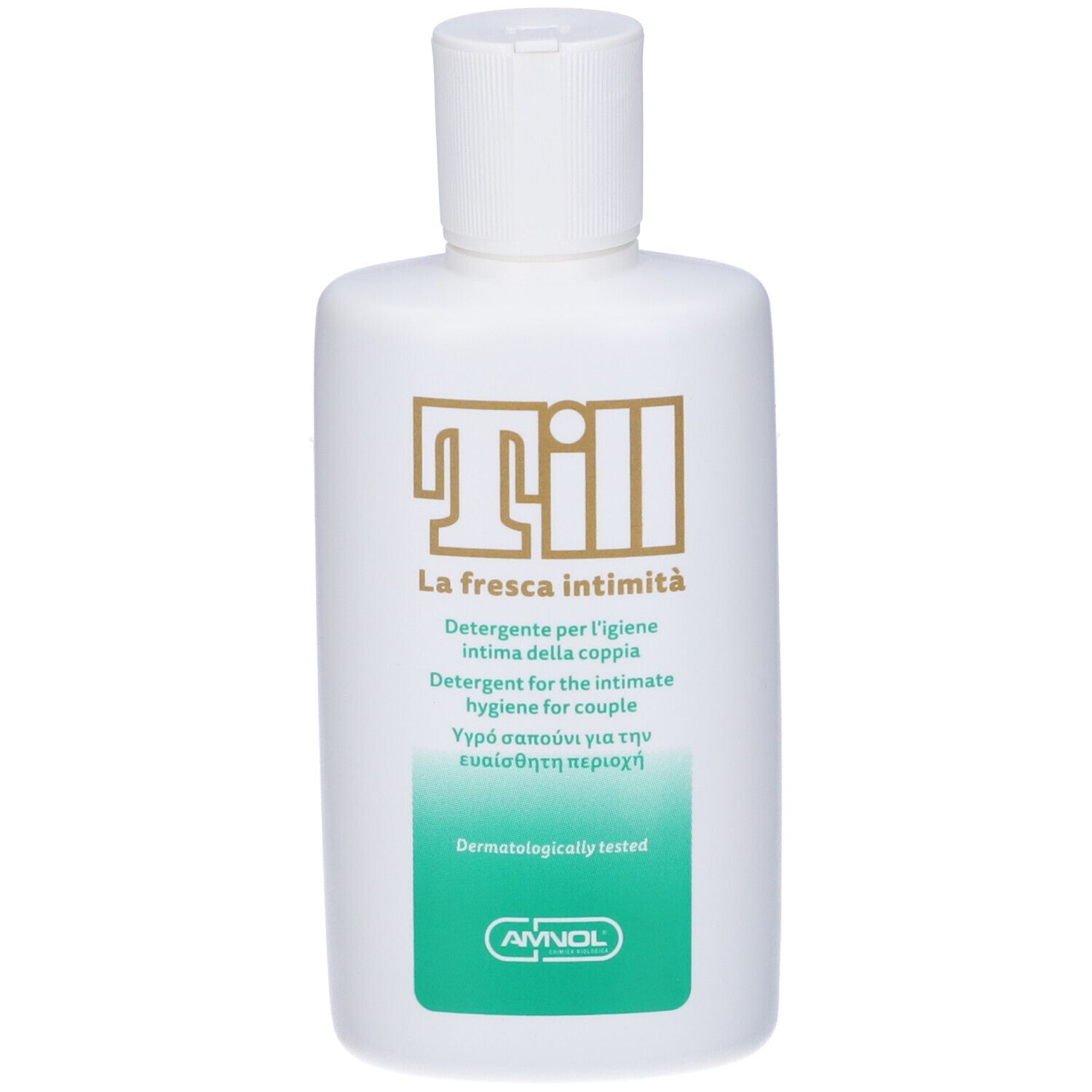 Flacone bianco con tappo bianco. Stampa: Till, La fresca intimità. Etichetta verde con testo. Dermatologicamente testato.