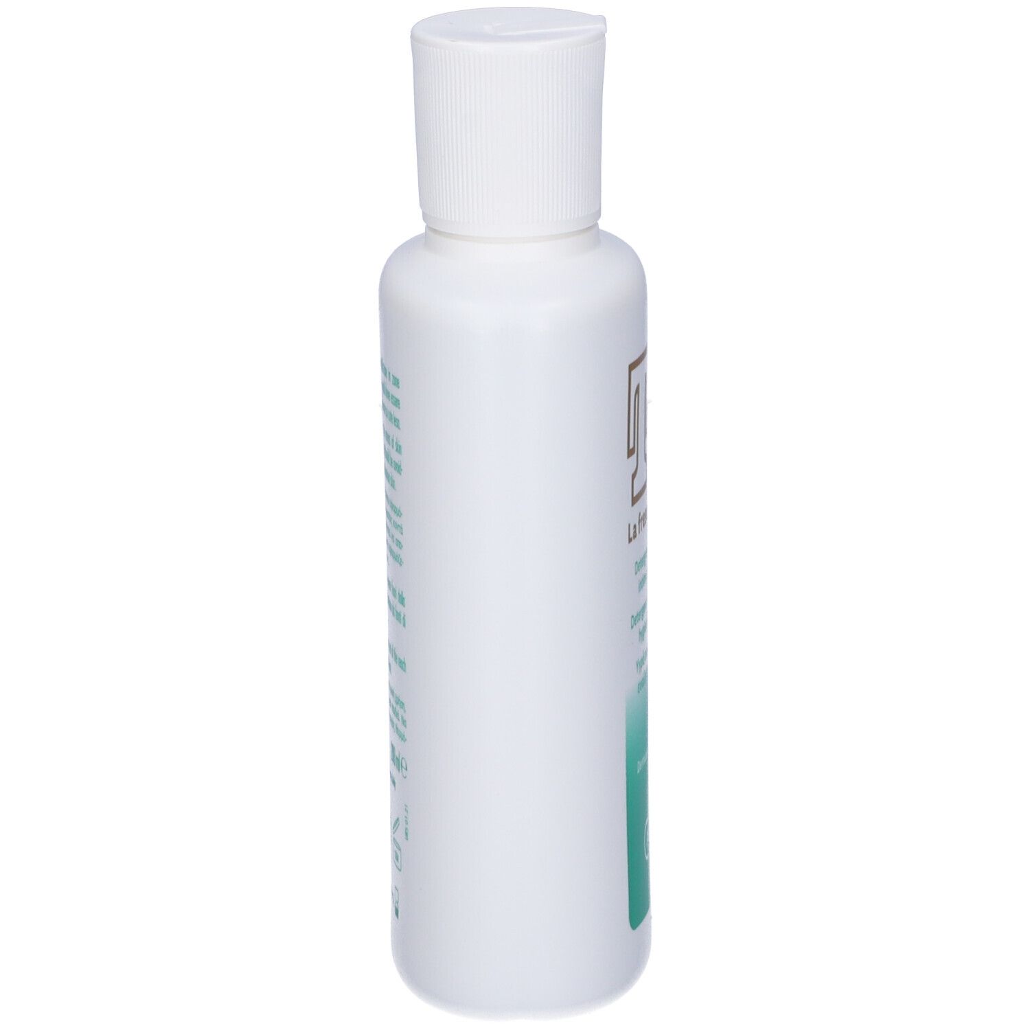 Flacone bianco con tappo bianco. Testo ed etichetta sul lato. Dermatologicamente testato. Senza parabeni. Senza alcool.