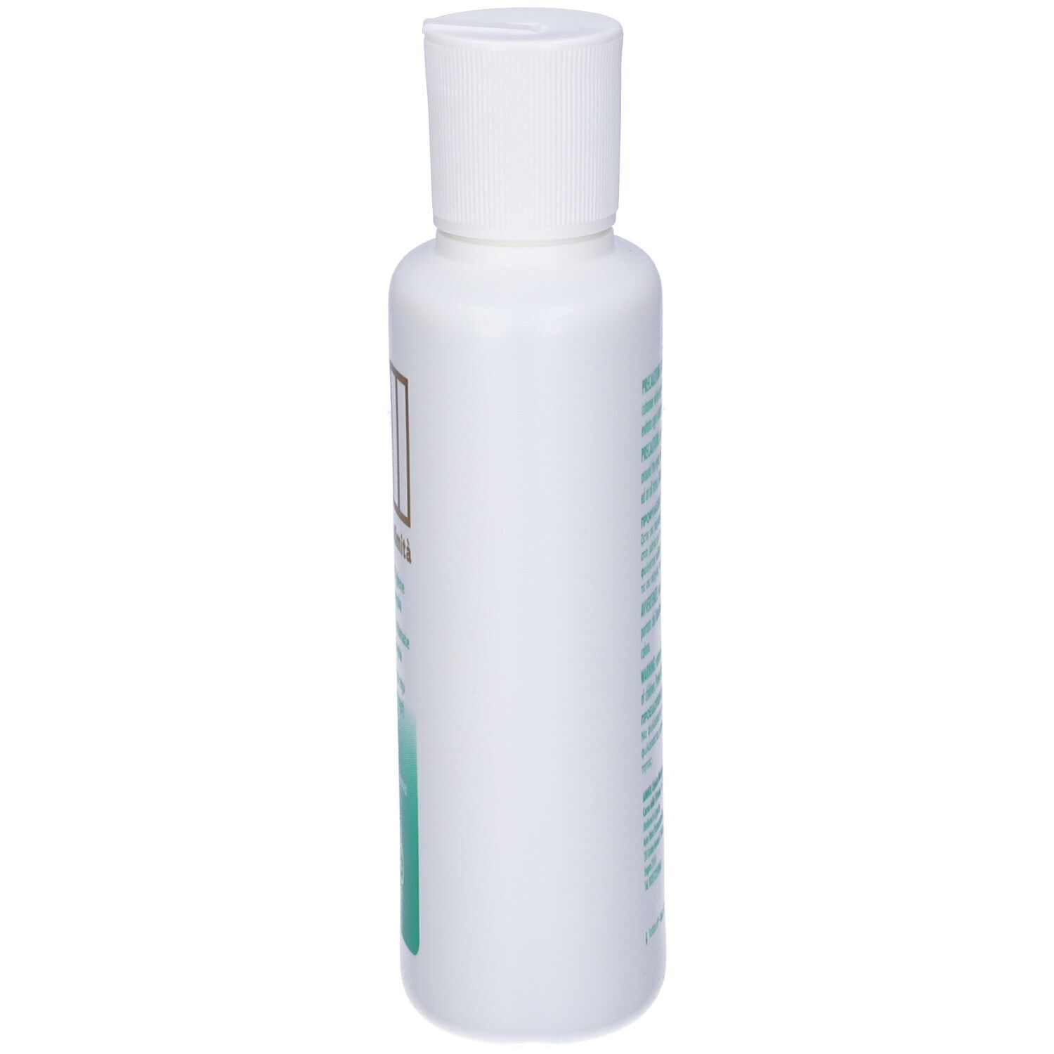 Flacone bianco con tappo bianco. Lato con testo ed etichetta. Dermatologicamente testato. Senza parabeni. Senza alcool.