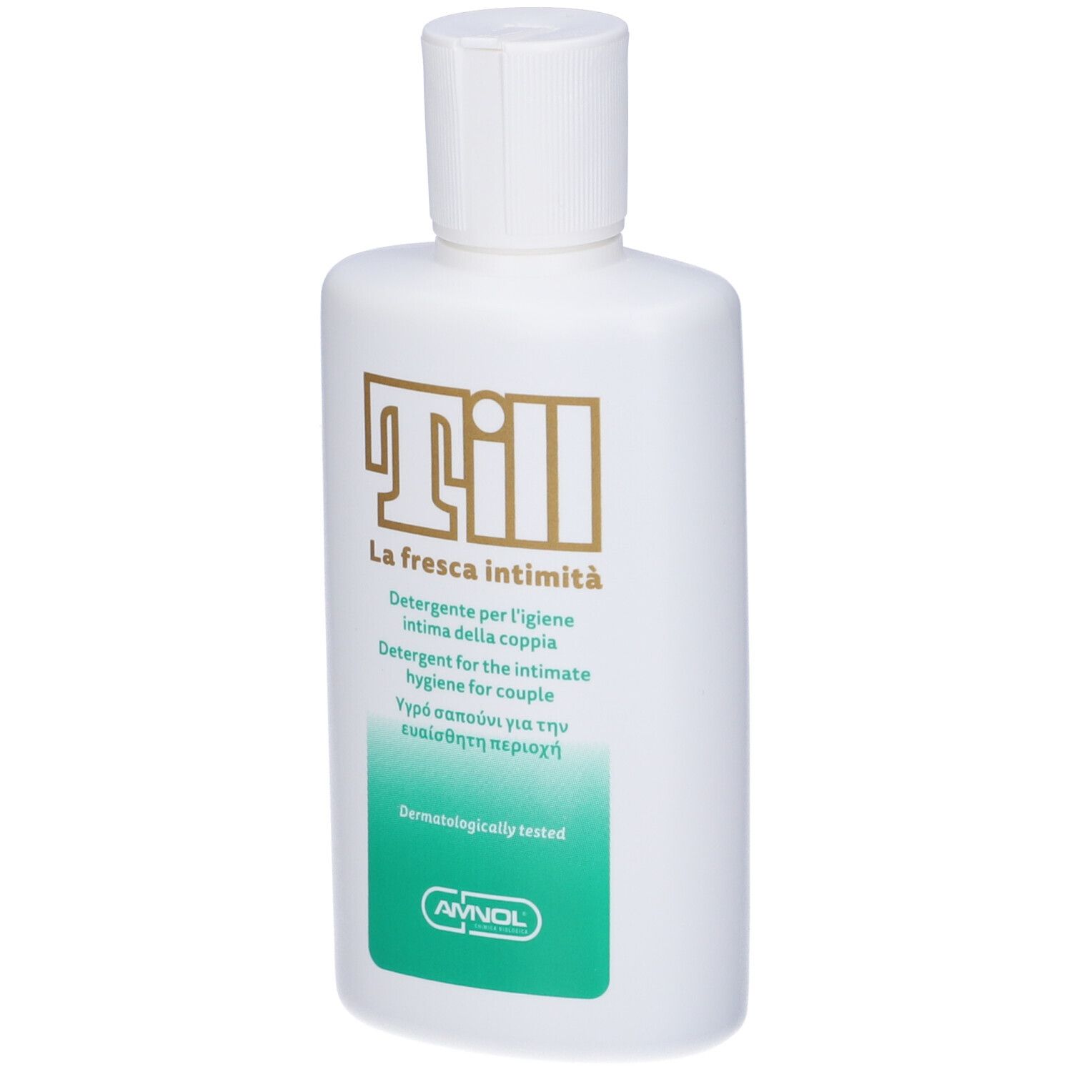 Flacone bianco con tappo bianco. Stampa: Till, La fresca intimità. Etichetta verde. Dermatologicamente testato.