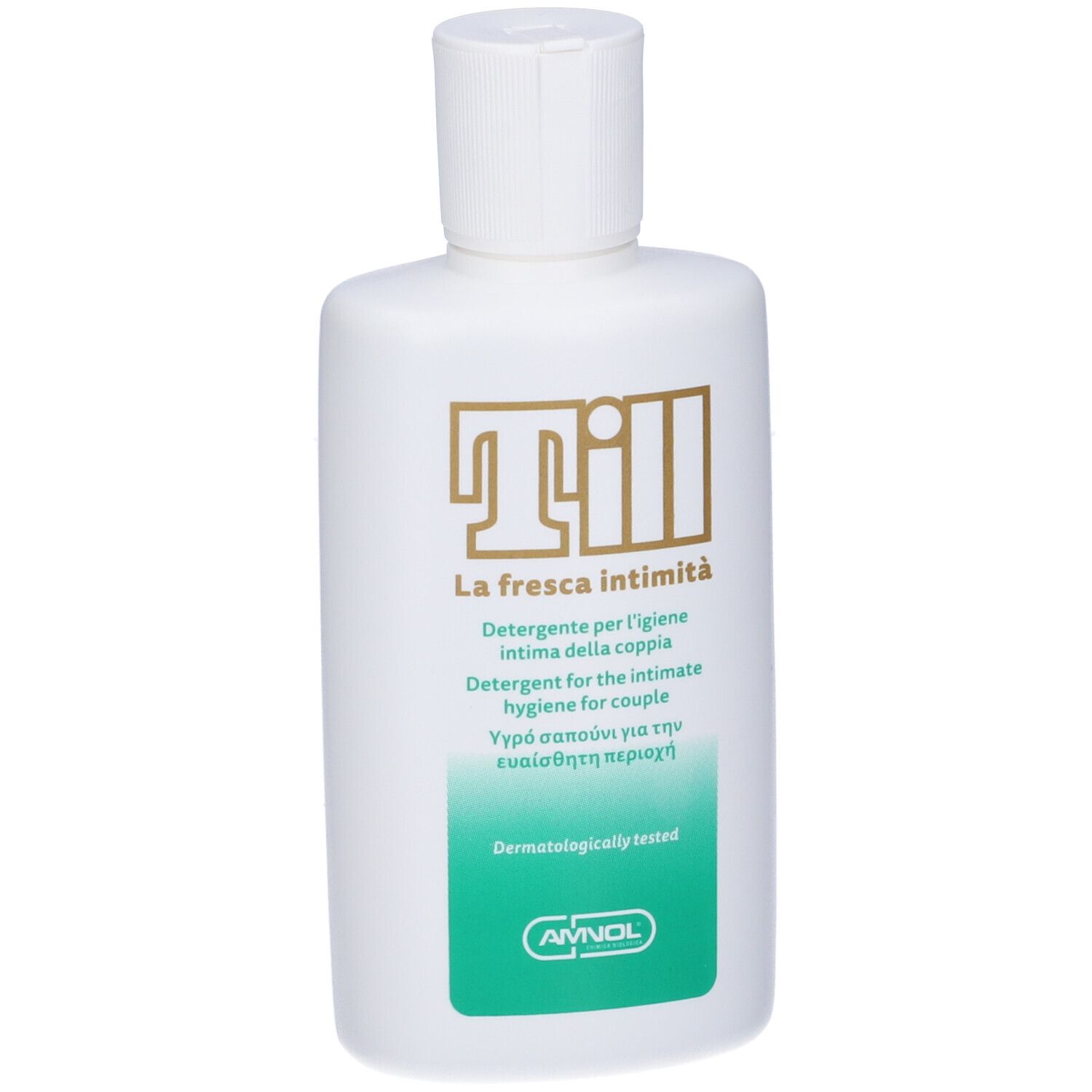 Flacone bianco con tappo bianco. Stampa: Till, La fresca intimità. Etichetta verde. Dermatologicamente testato.
