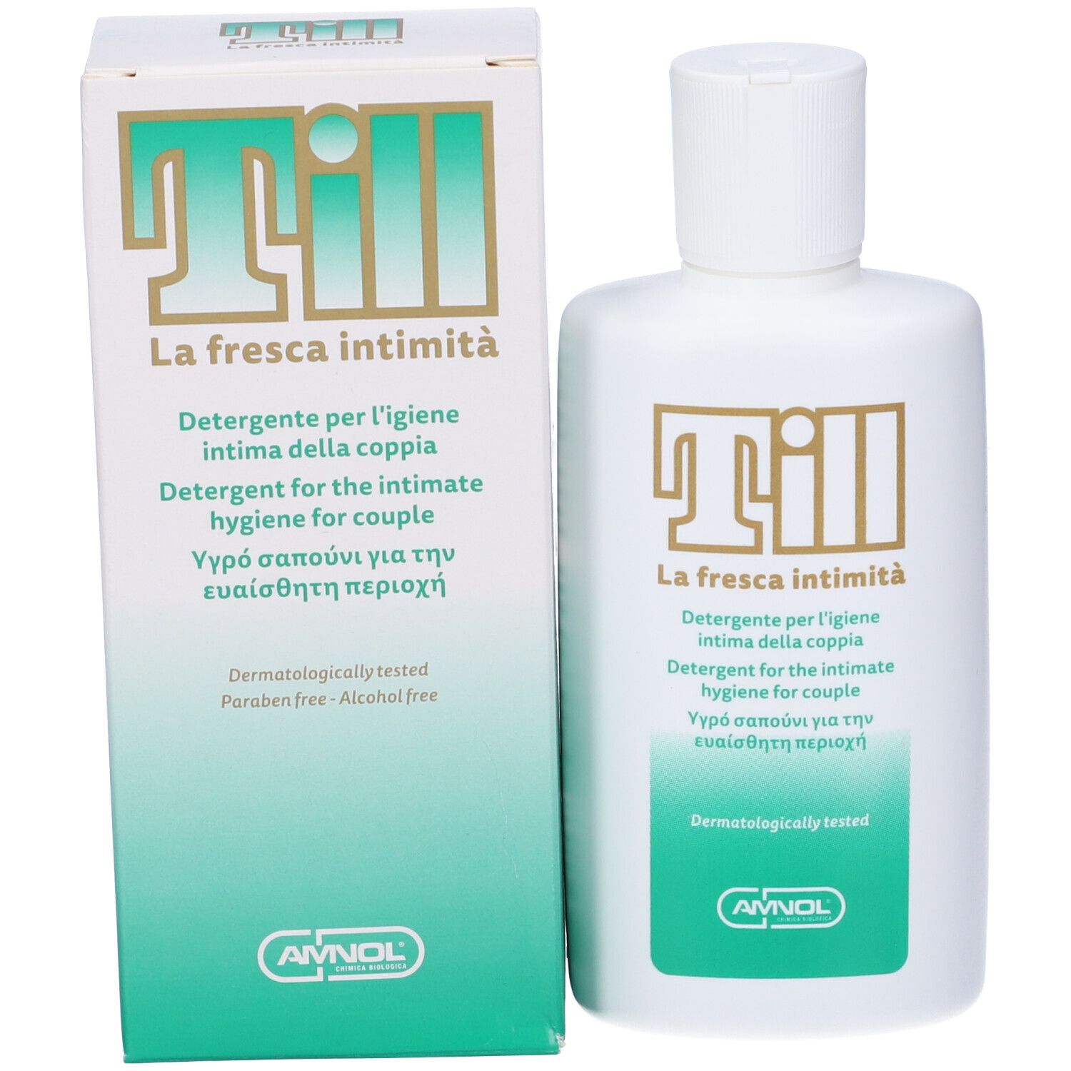 Flacone bianco e scatola. Stampa: Till, La fresca intimità. Etichetta verde. Dermatologicamente testato. Senza parabeni.