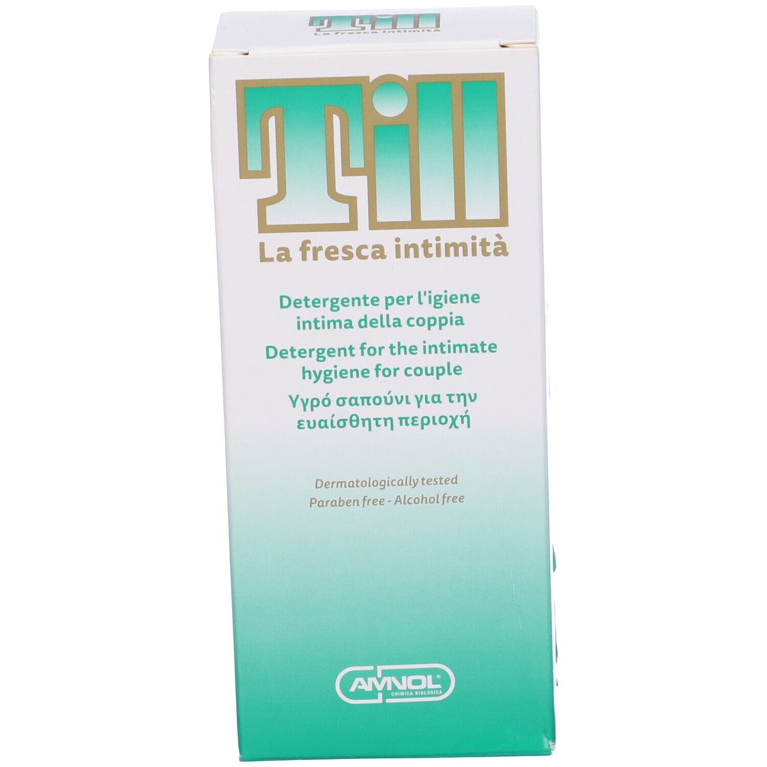 Scatola con stampa: Till, La fresca intimità. Etichetta verde. Dermatologicamente testato. Senza parabeni. Senza alcool.
