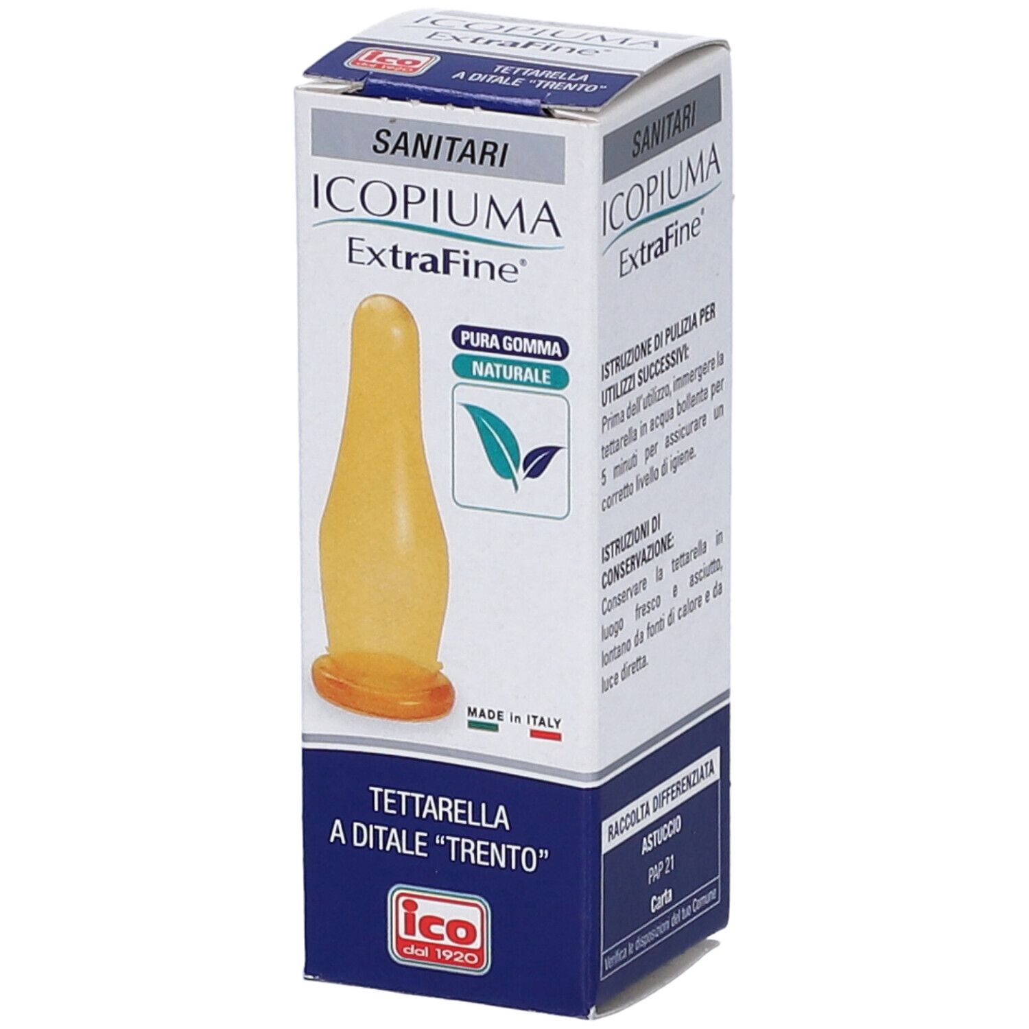Confezione tettarella. Contiene una tettarella gialla. Marchio: Ico, scritta: ExtraFine.