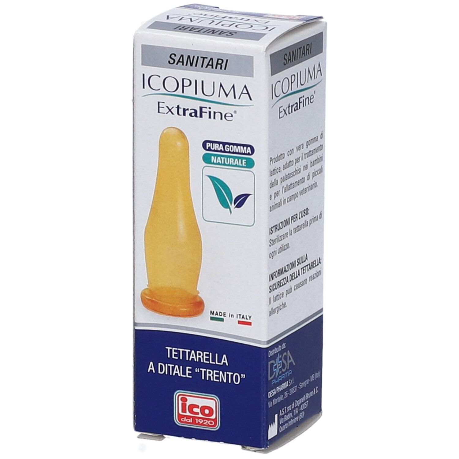 Confezione tettarella. Contiene una tettarella gialla. Marchio: Ico, scritta: ExtraFine.