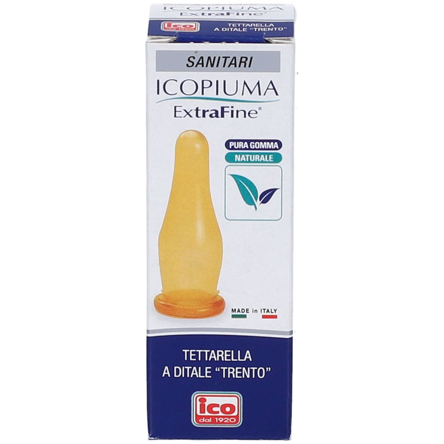 Confezione tettarella. Contiene una tettarella gialla. Marchio: Ico, scritta: ExtraFine.