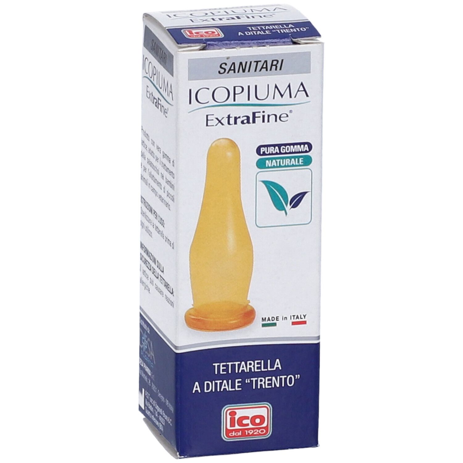 Confezione tettarella. Contiene una tettarella gialla. Marchio: Ico, scritta: ExtraFine.