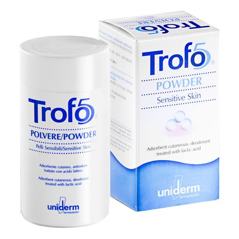 Flacone e scatola bianchi con logo blu "Trofo 5". Testo: "Polvere", "Pelli Sensibili". Contiene acido lattico. Logo Uniderm.