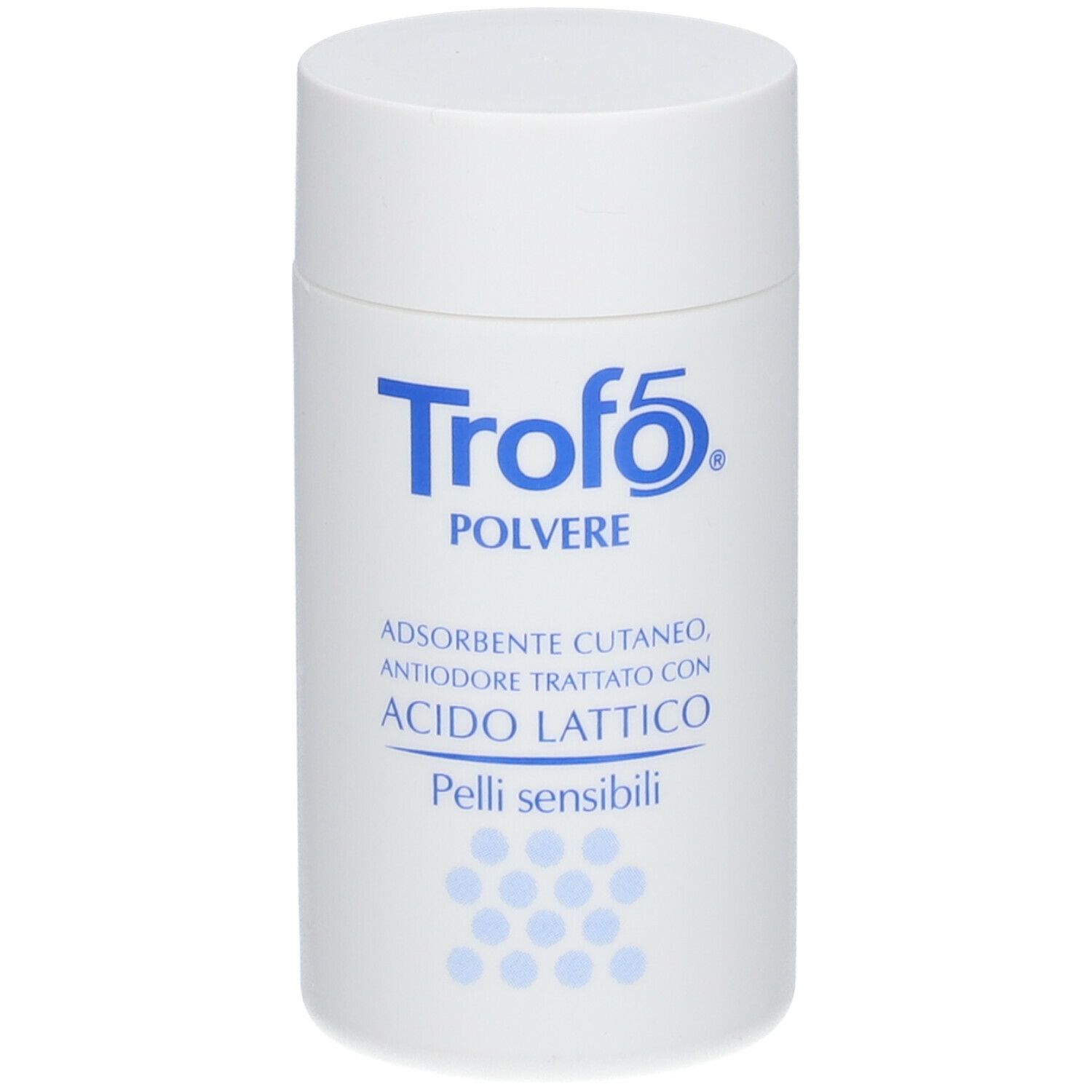 Flacone bianco con logo blu "Trofo 5". Testo: "Polvere", "Assorbente, antiodore, con acido lattico". Per pelli sensibili. Punti blu.