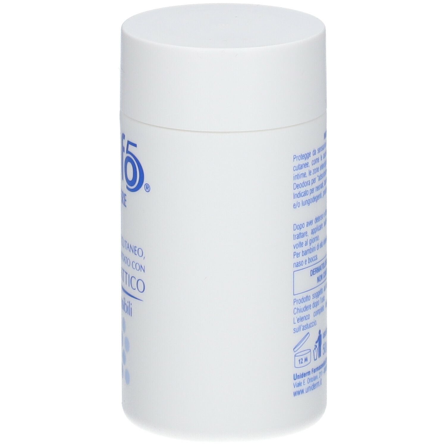 Flacone bianco con logo blu "Trofo 5". Testo: "Polvere", "Assorbente, antiodore, con acido lattico". Per pelli sensibili. Punti blu.