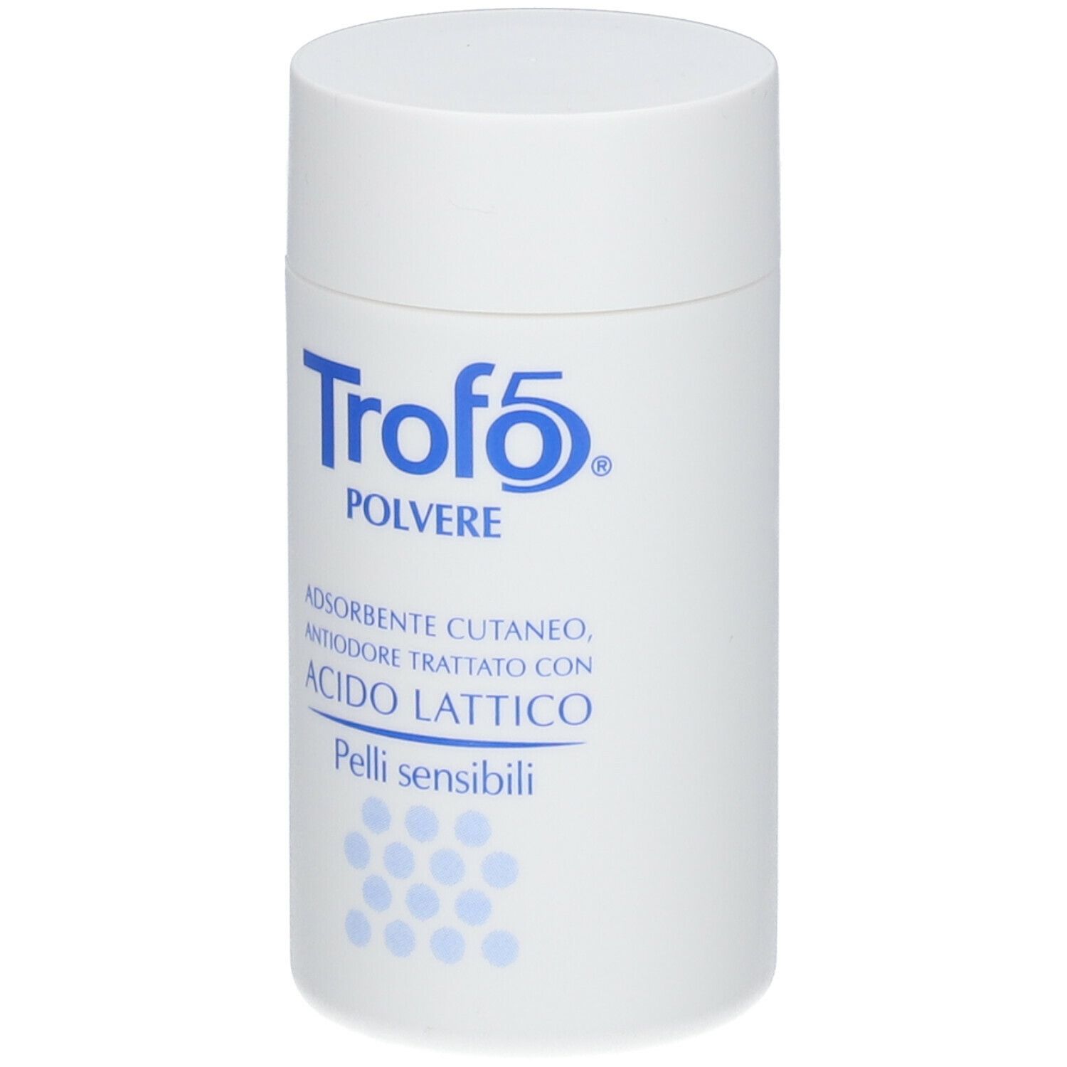 Flacone bianco con logo blu "Trofo 5". Testo: "Polvere", "Assorbente, antiodore, con acido lattico". Per pelli sensibili. Punti blu.