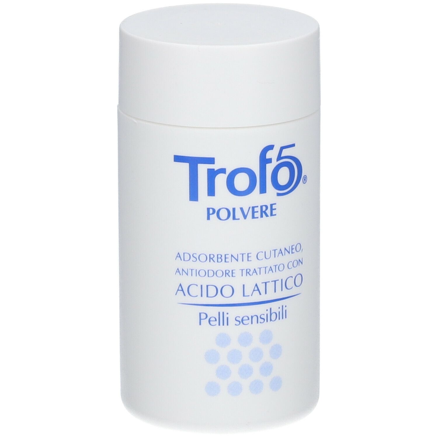 Flacone bianco con logo blu "Trofo 5". Testo: "Polvere", "Assorbente, antiodore, con acido lattico". Per pelli sensibili. Punti blu.
