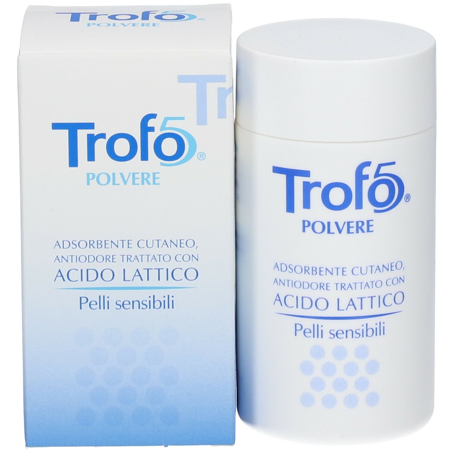 Flacone e scatola bianchi con logo blu "Trofo 5". Testo: "Polvere", "Assorbente, antiodore, con acido lattico". Per pelli sensibili.