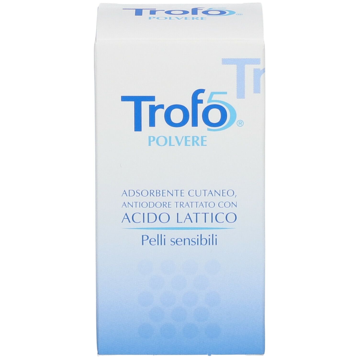 Scatola bianca con logo blu "Trofo 5". Testo: "Polvere", "Assorbente, antiodore, con acido lattico". Per pelli sensibili.