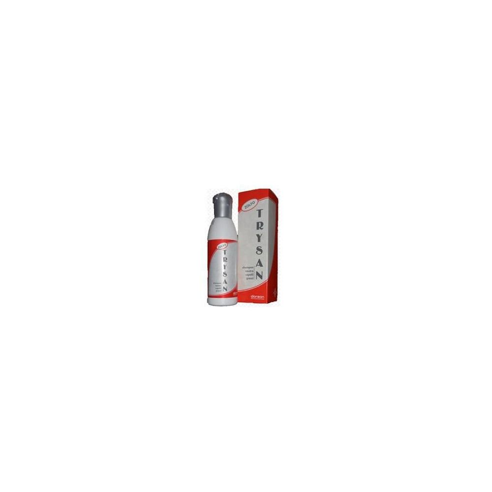 Flacone e confezione di Trysan Shampoo Zolfo. Bianco, rosso e argento. Testo: Trysan, Zolfo.