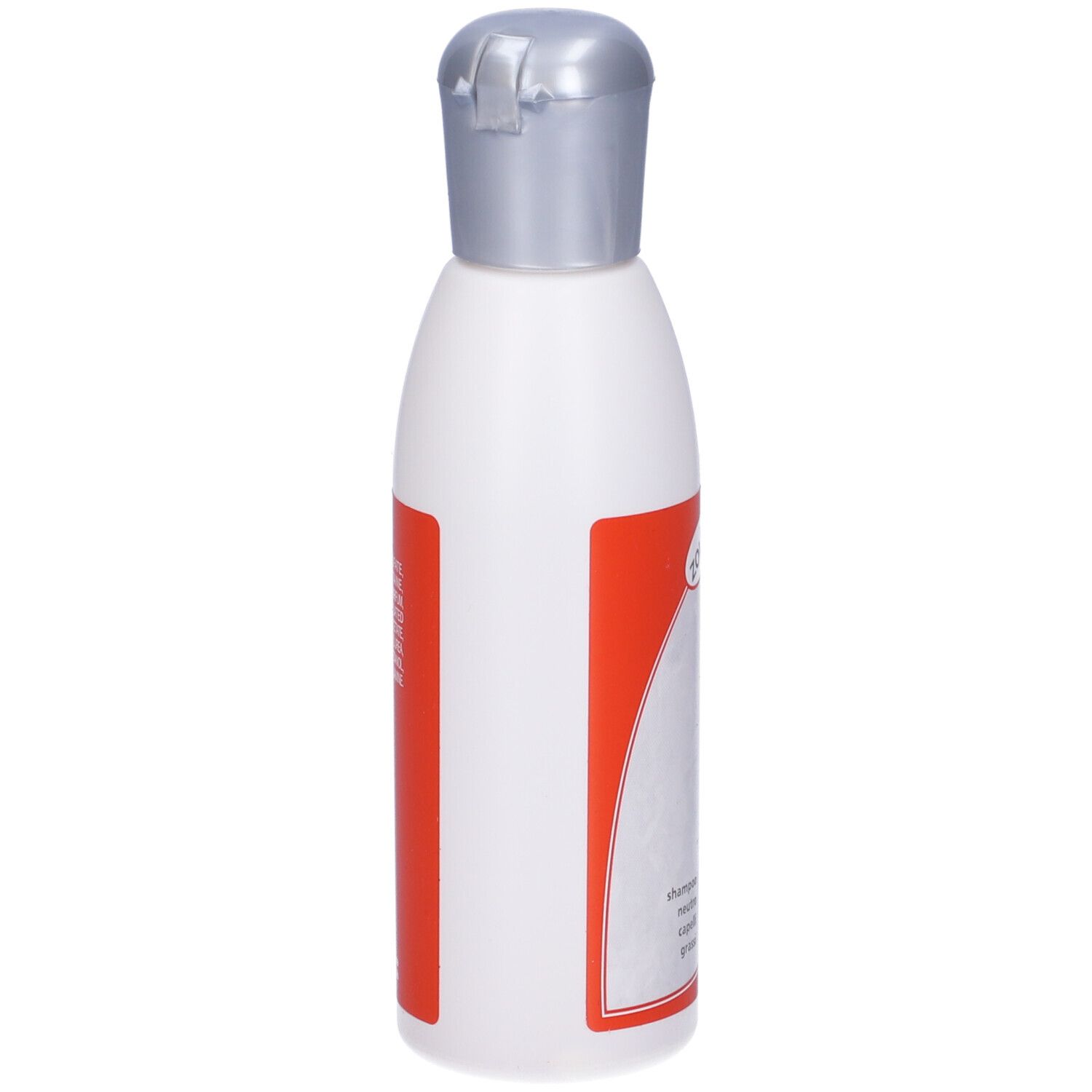 Flacone bianco con tappo argentato. Adesivo rosso. Testo illeggibile.