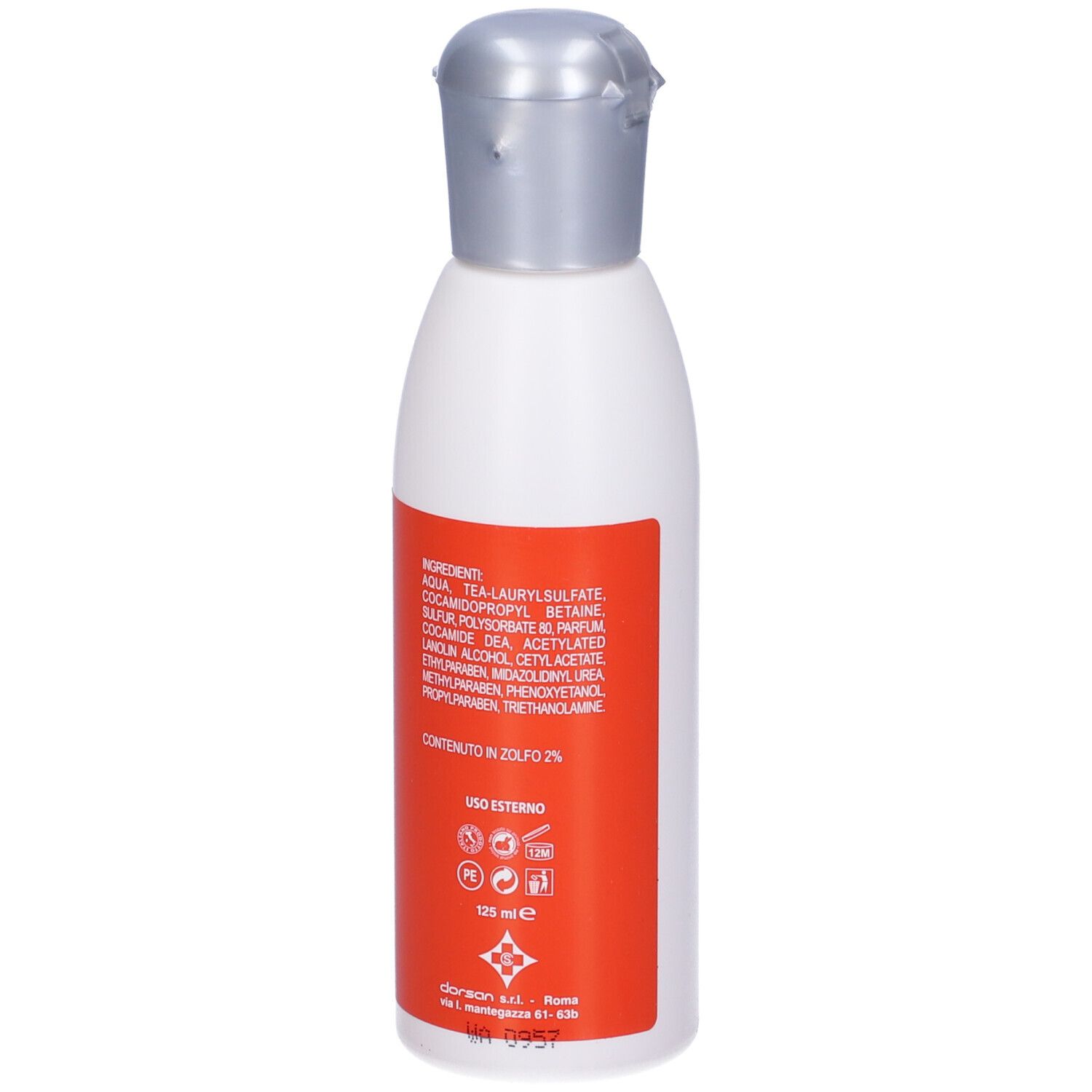 Flacone bianco con tappo argentato. Adesivo rosso con ingredienti e testo.