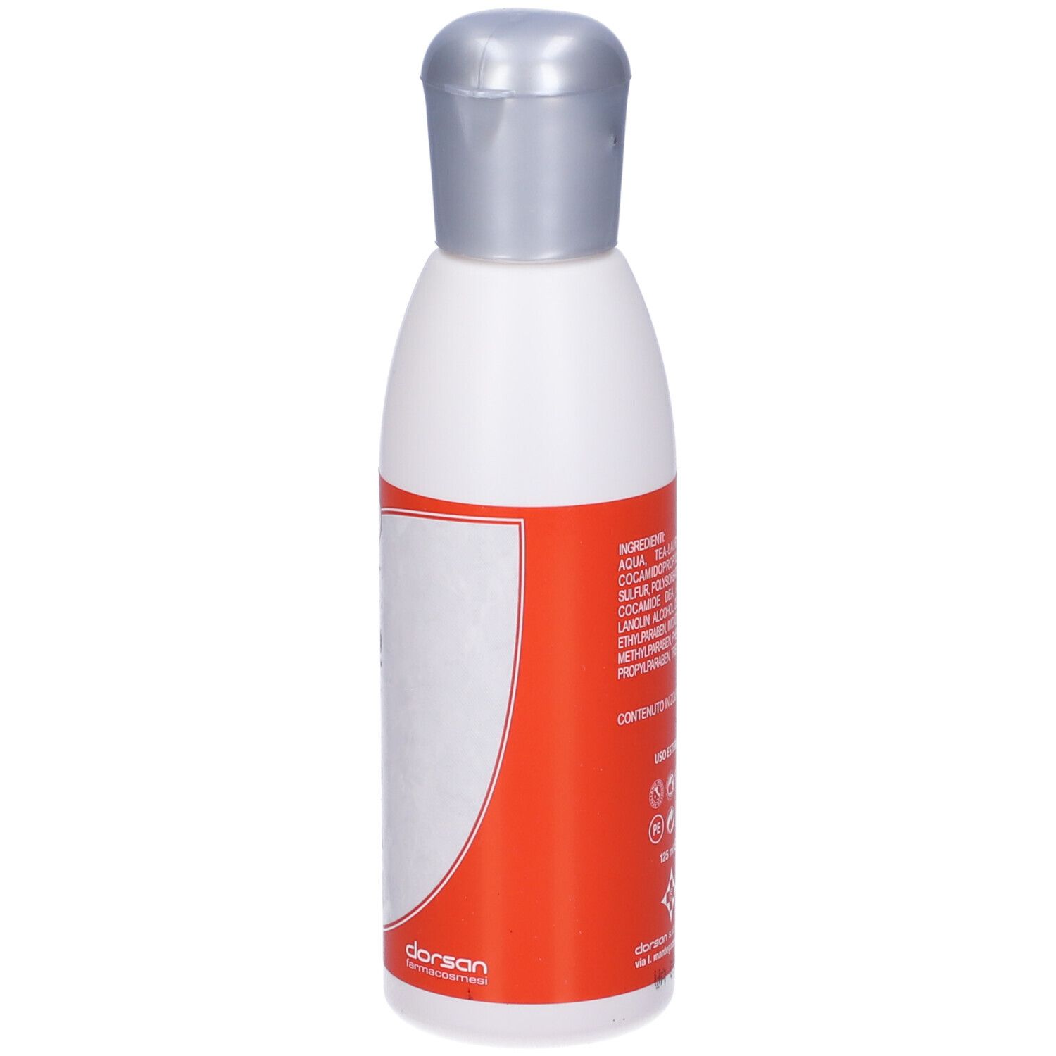 Flacone bianco con tappo argentato. Adesivo rosso con testo e logo.