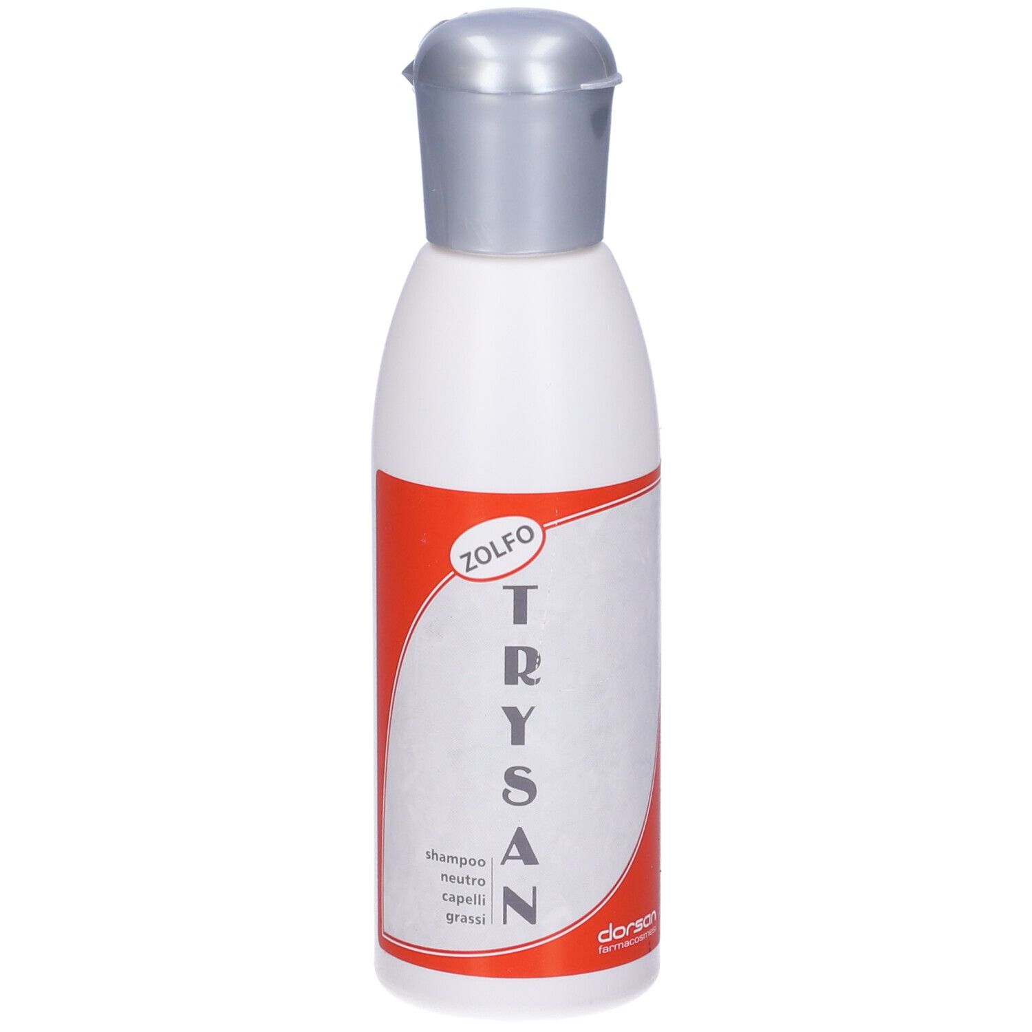 Flacone bianco con tappo argentato. Adesivo rosso con testo: Zolfo, Trysan.