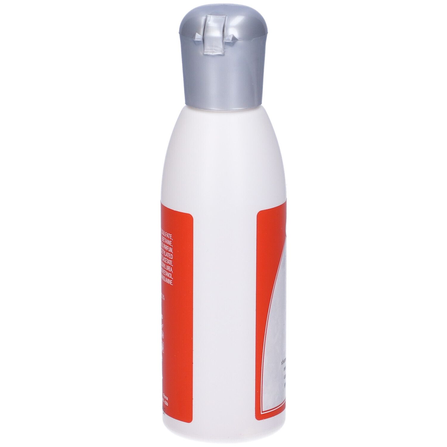 Flacone bianco con tappo argentato. Adesivo rosso con testo.