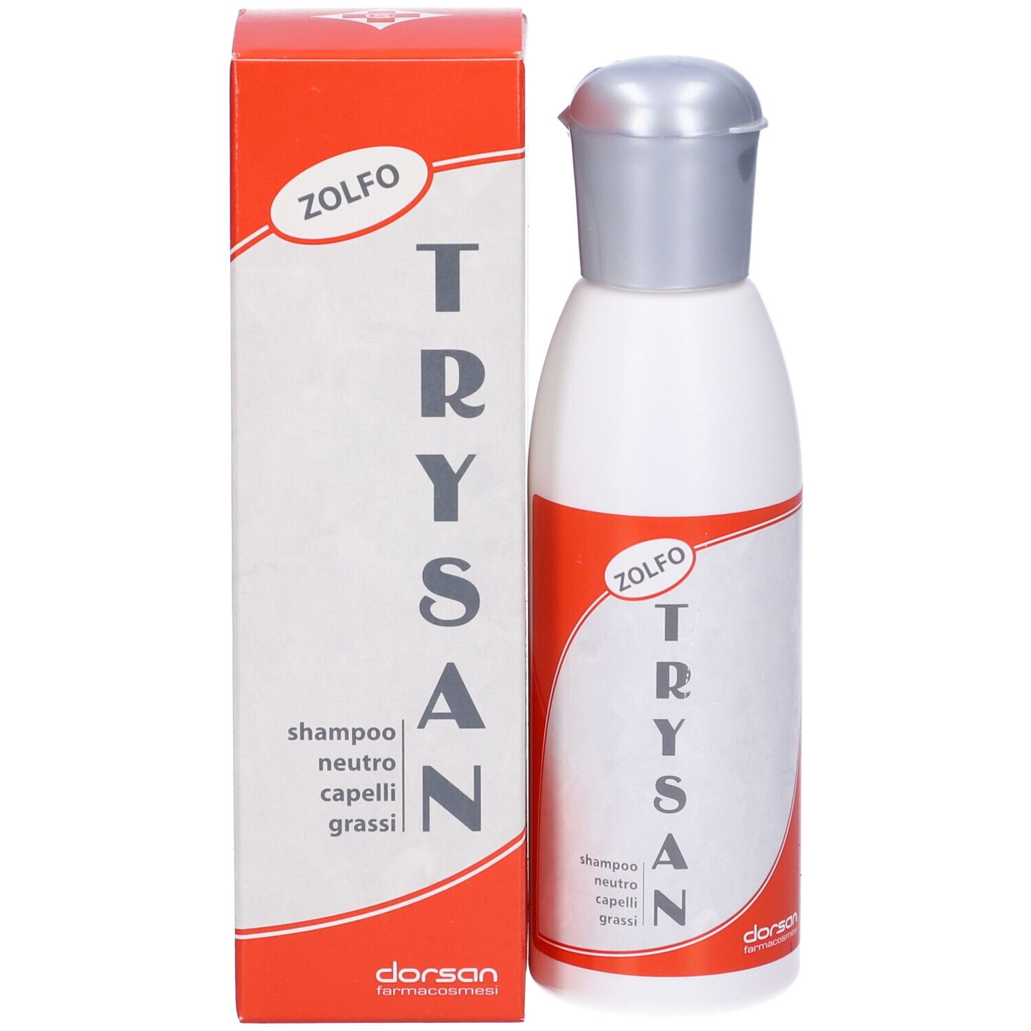 Flacone e confezione di Trysan Shampoo Zolfo. Bianco, rosso e argento. Testo: Trysan, Zolfo.