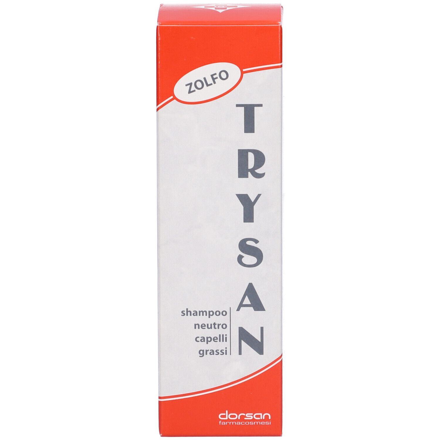 Confezione di Trysan Shampoo Zolfo. Rosso e bianco. Testo: Zolfo, Trysan, Shampoo.