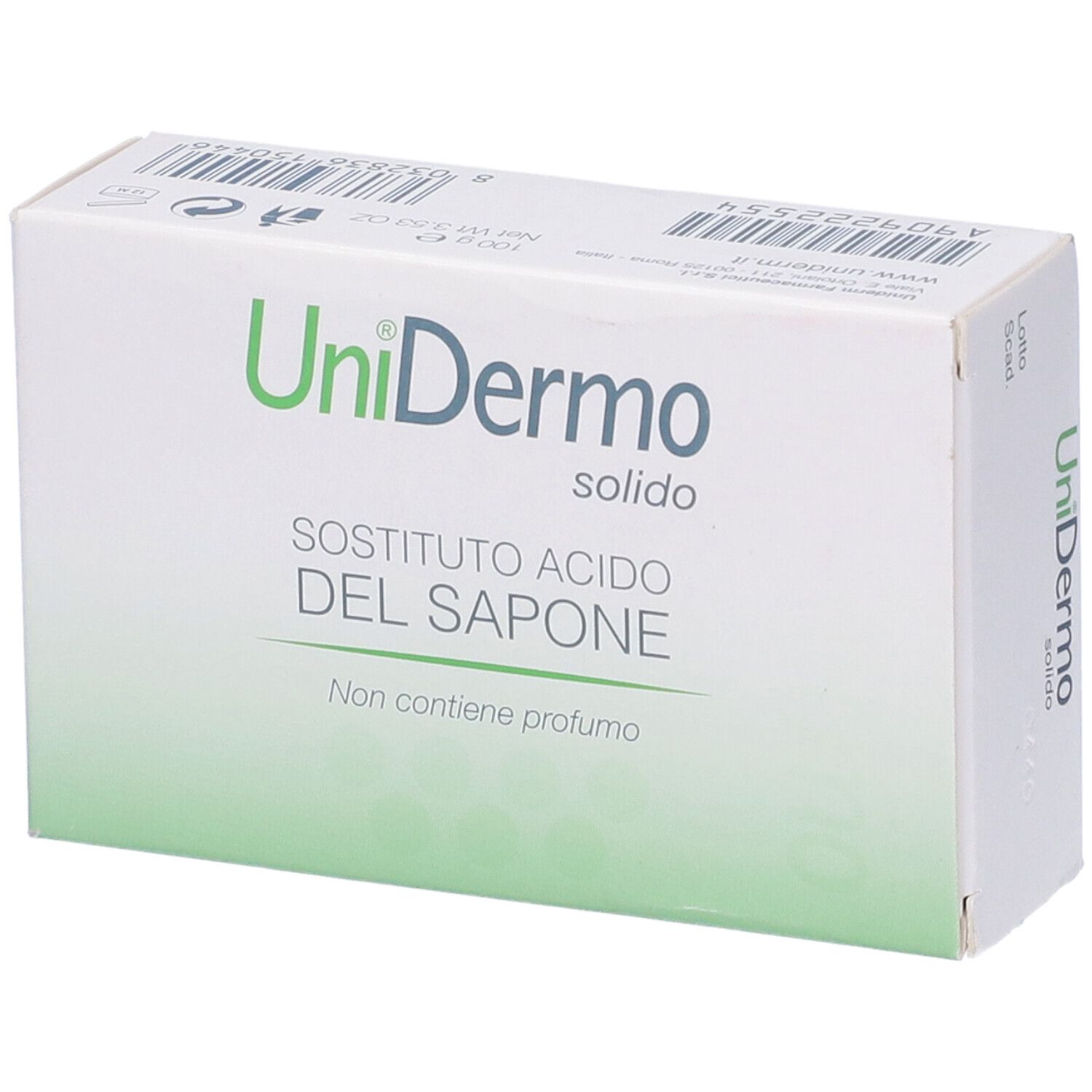 Confezione di 'Unidermo solido'. Testo: 'SOSTITUTO ACIDO DEL SAPONE'.