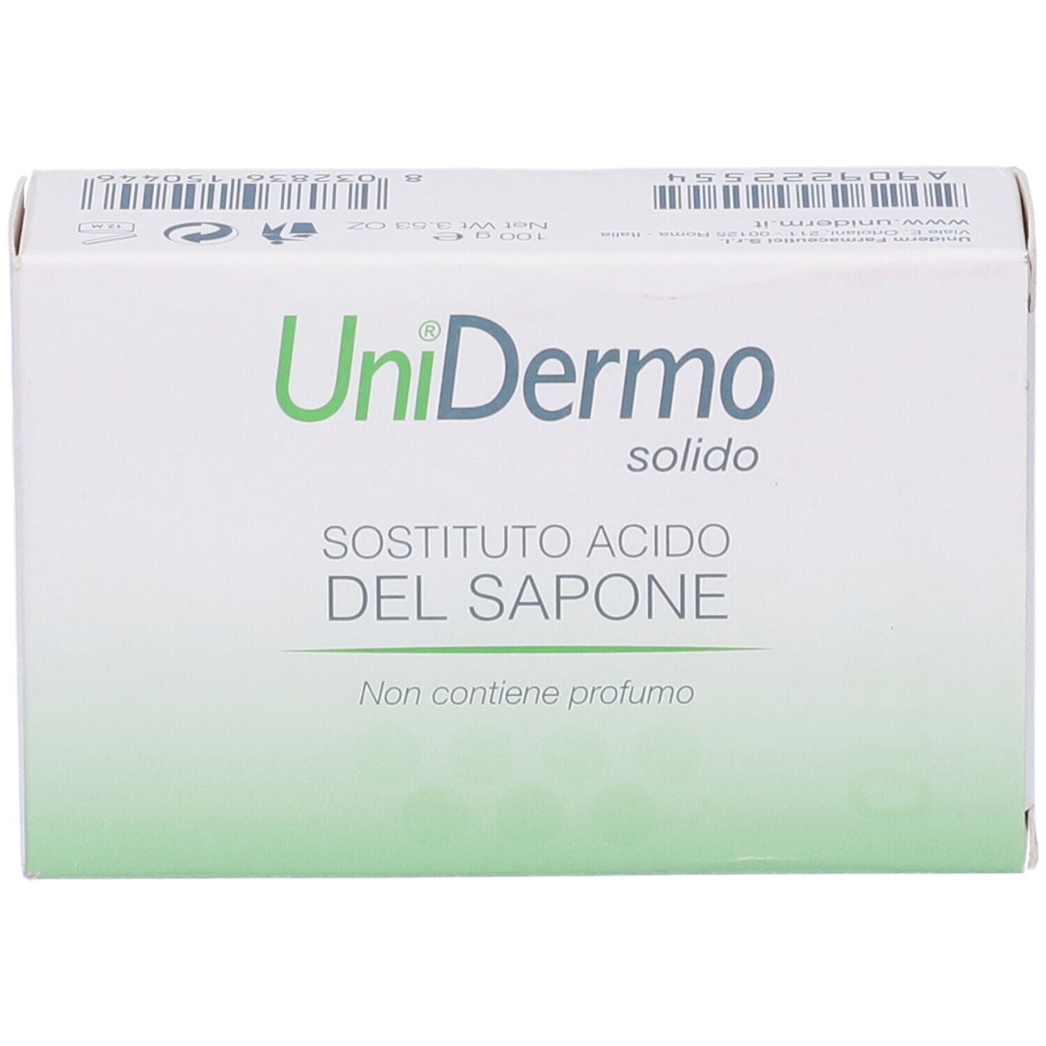 Confezione di 'Unidermo solido'. Testo: 'SOSTITUTO ACIDO DEL SAPONE'.
