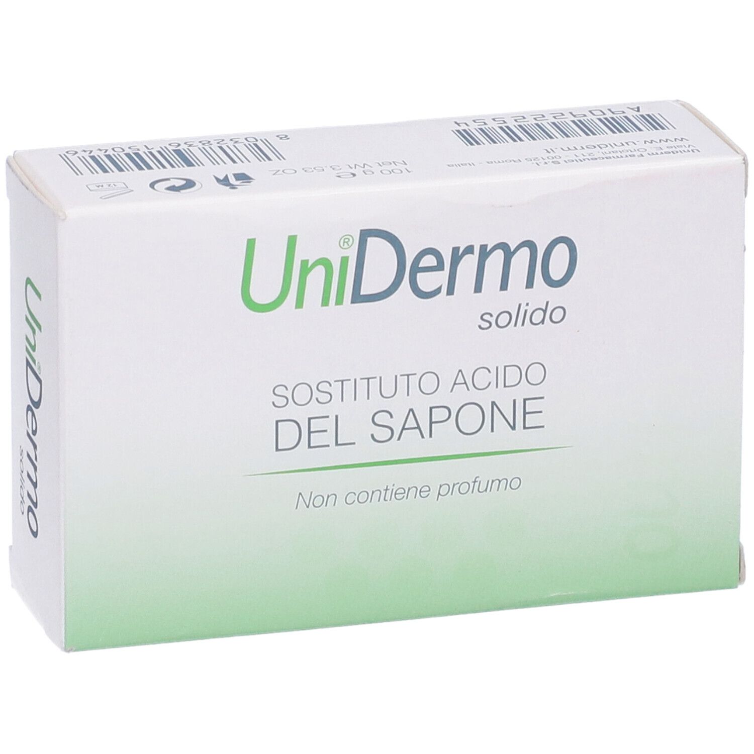 Confezione di 'Unidermo solido'. Testo: 'SOSTITUTO ACIDO DEL SAPONE'.