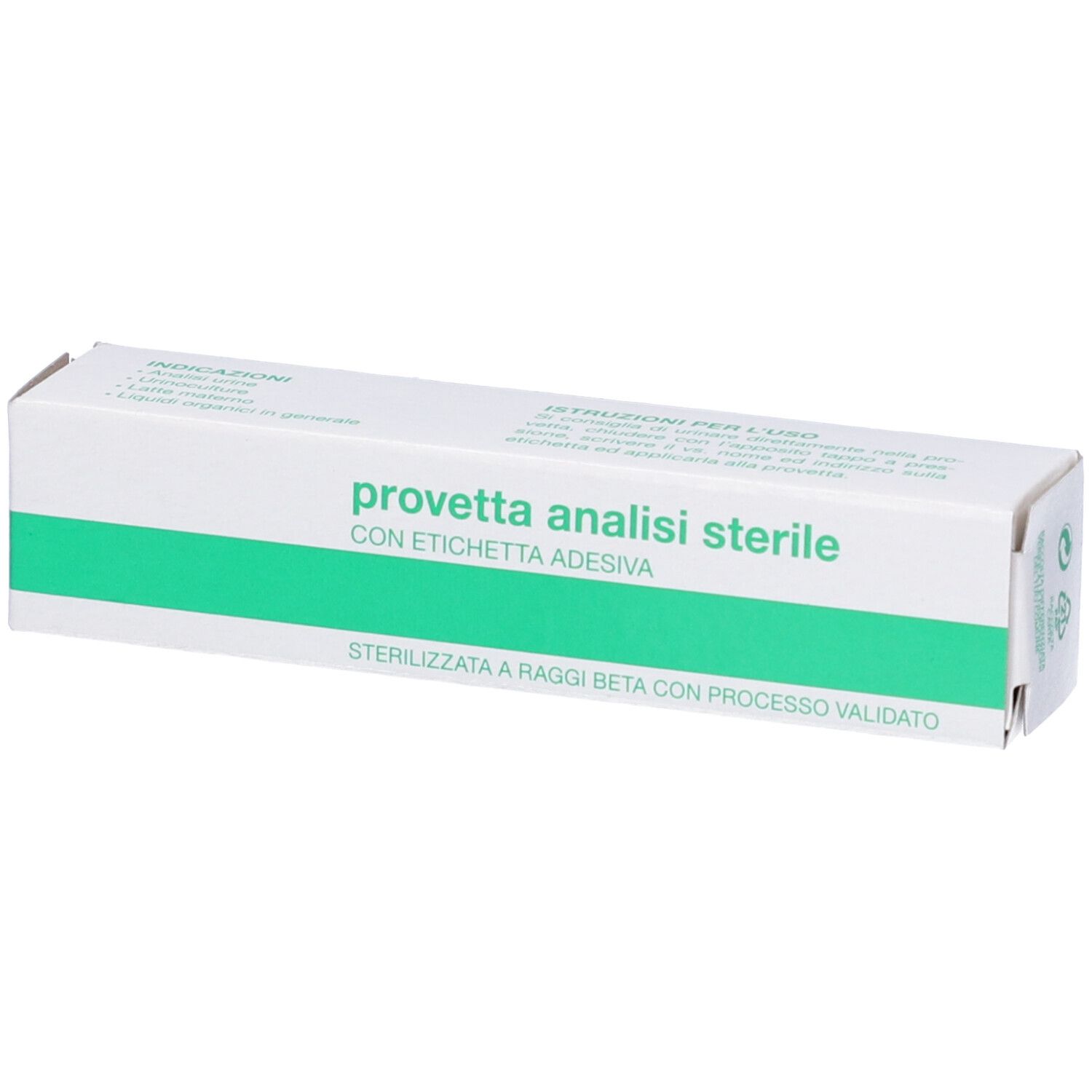 Scatola bianca con banda verde e testo: provetta analisi sterile. Scritto: STERILIZZATA A RAGGI BETA.