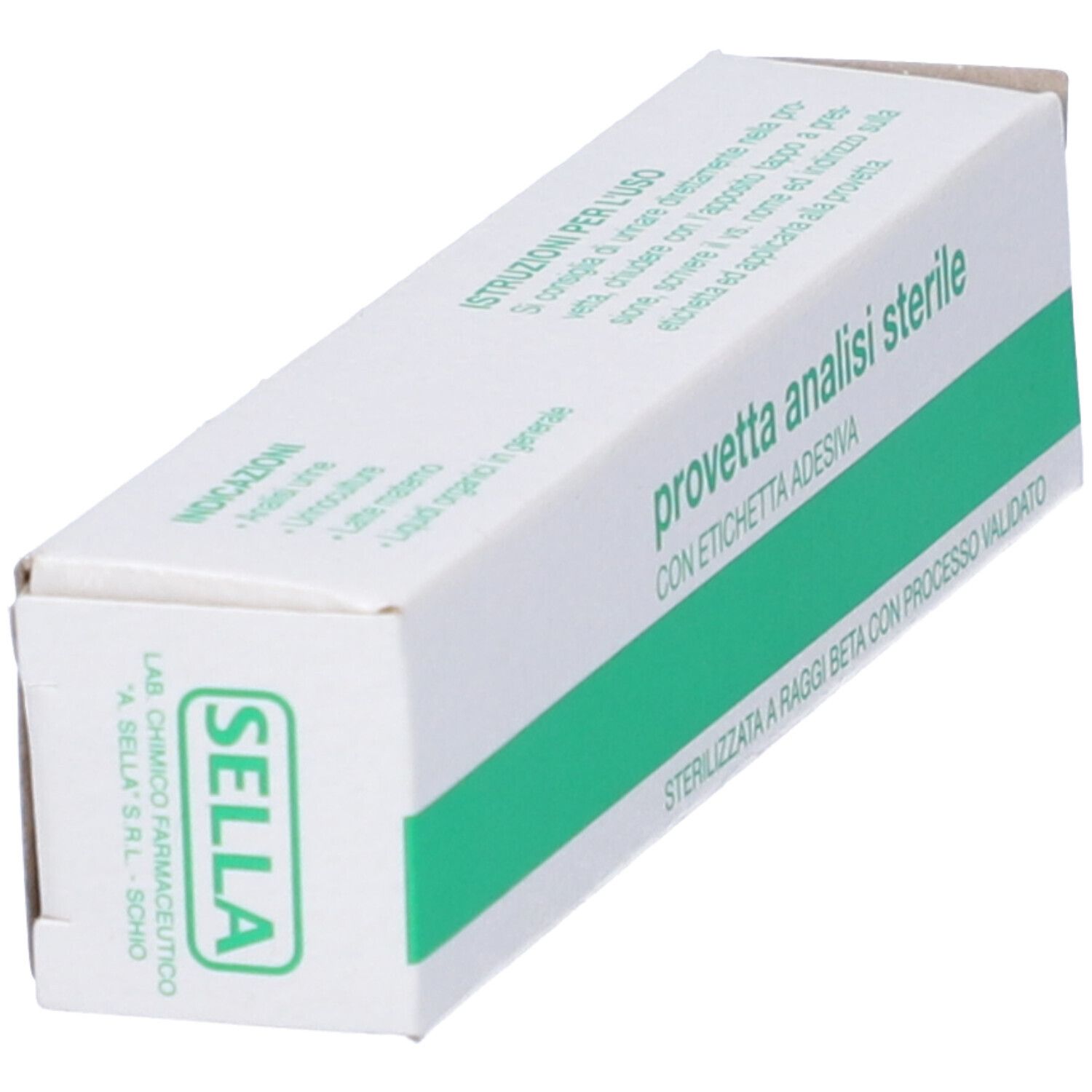 Scatola bianca inclinata con banda verde. Scritto: provetta analisi sterile. Logo: SELLA.