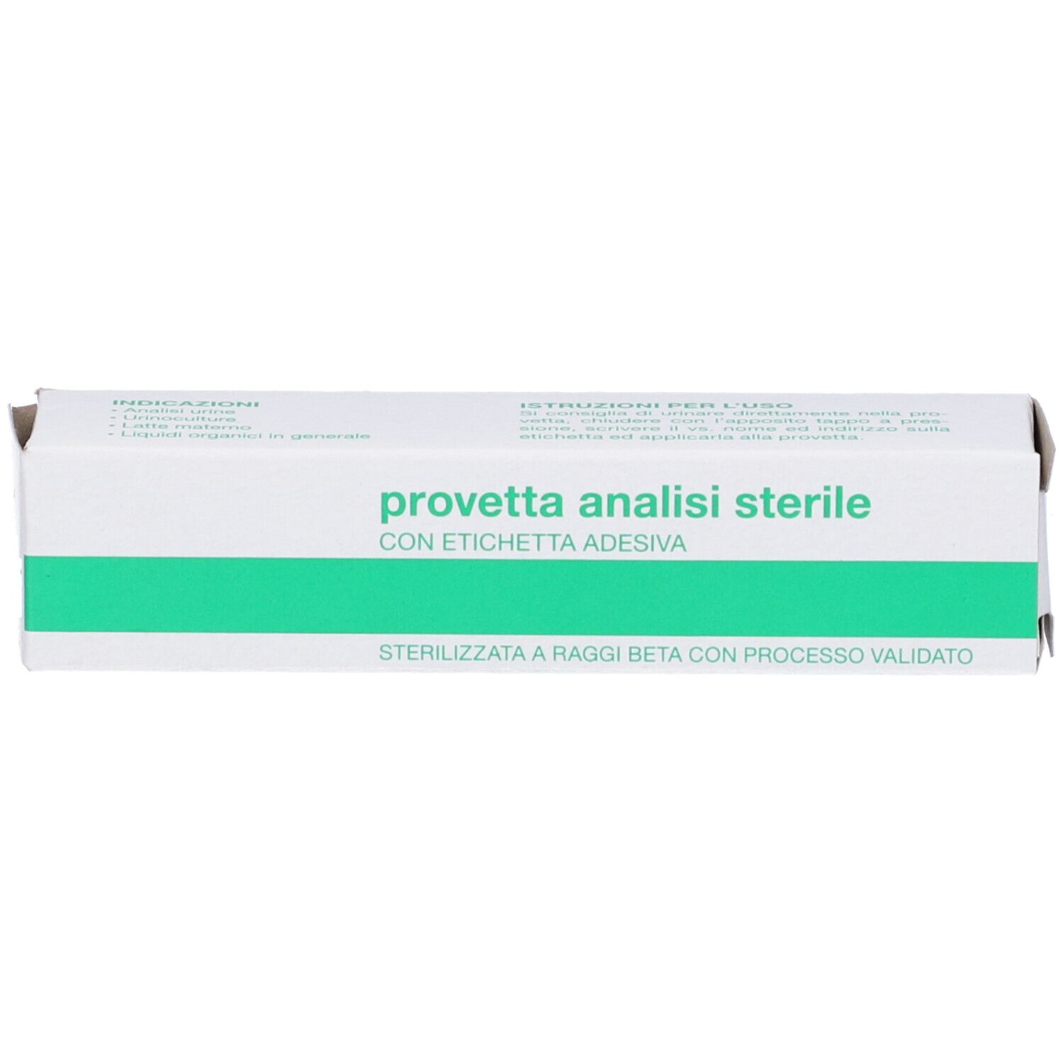 Scatola bianca con banda verde e testo: provetta analisi sterile. Scritto: CON ETICHETTA ADESIVA.