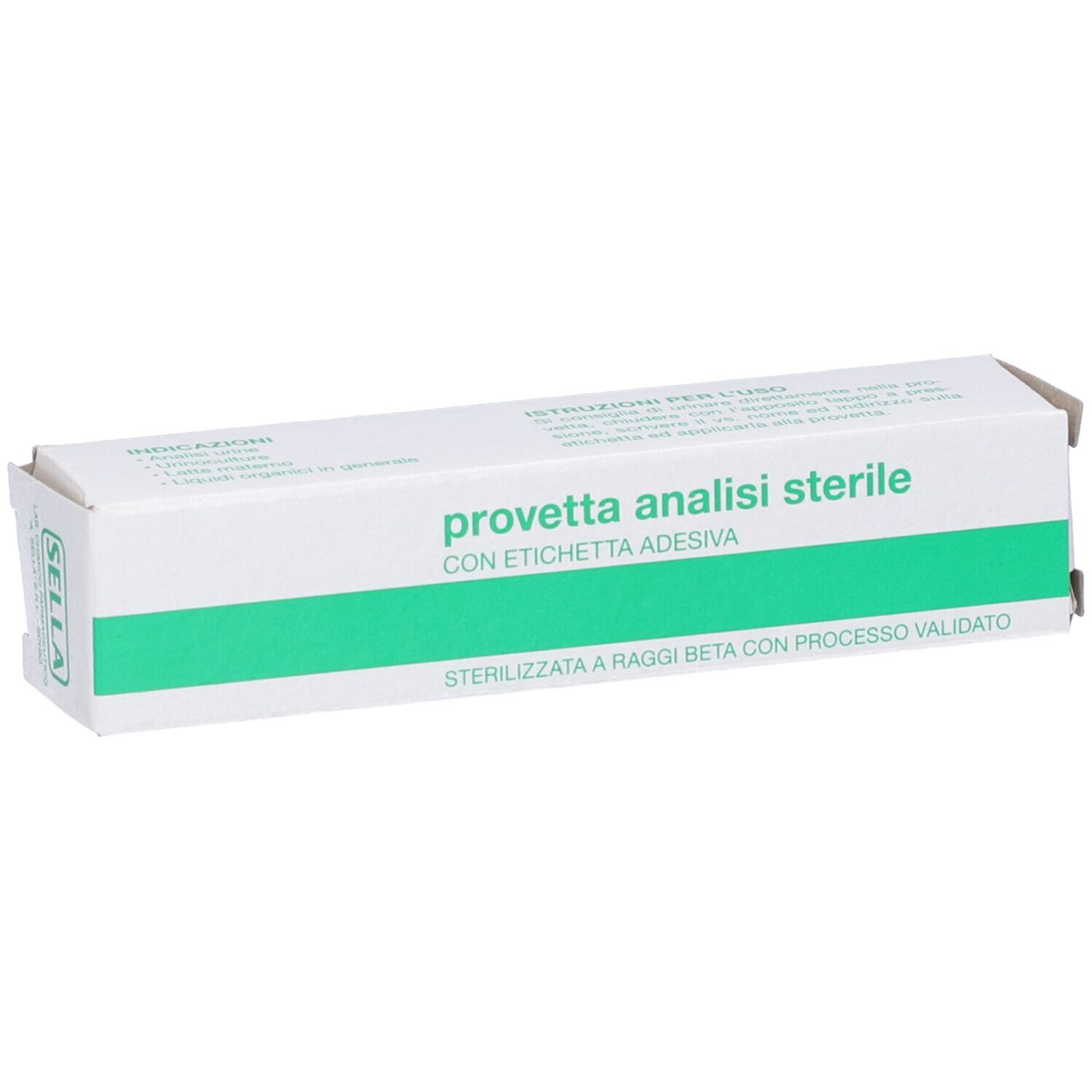 Scatola bianca con banda verde e testo: provetta analisi sterile. Scritto: CON ETICHETTA ADESIVA.