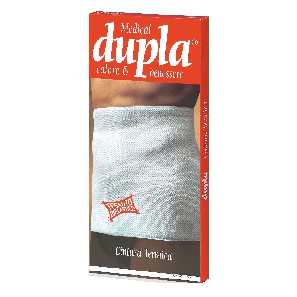 Fascia addominale bianca ed elastica su confezione rossa. Scritta: Medical Dupla, Calore & Benessere, Cintura Termica.