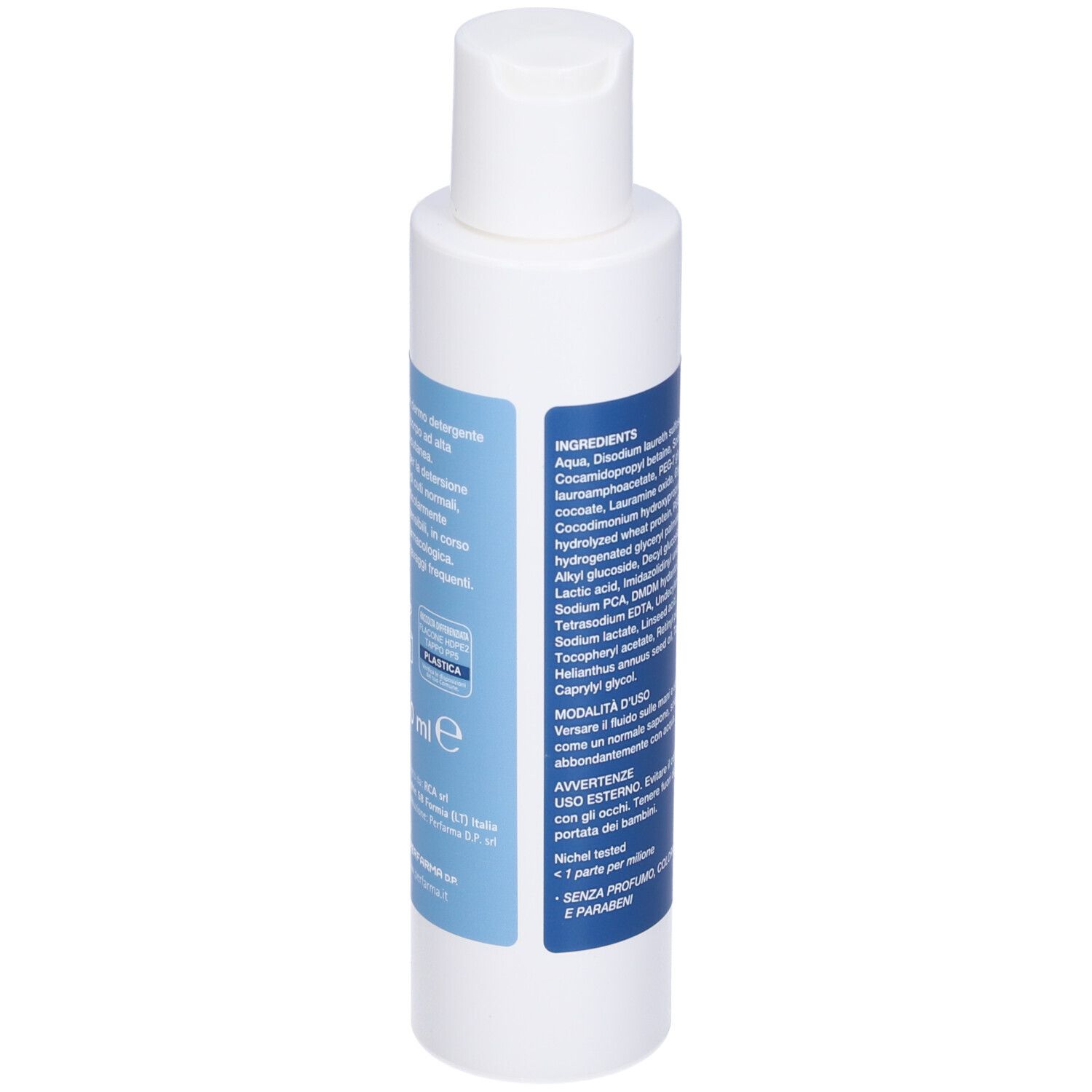 Flacone bianco con etichetta blu. Scritta: Tial, ingredienti, pH.